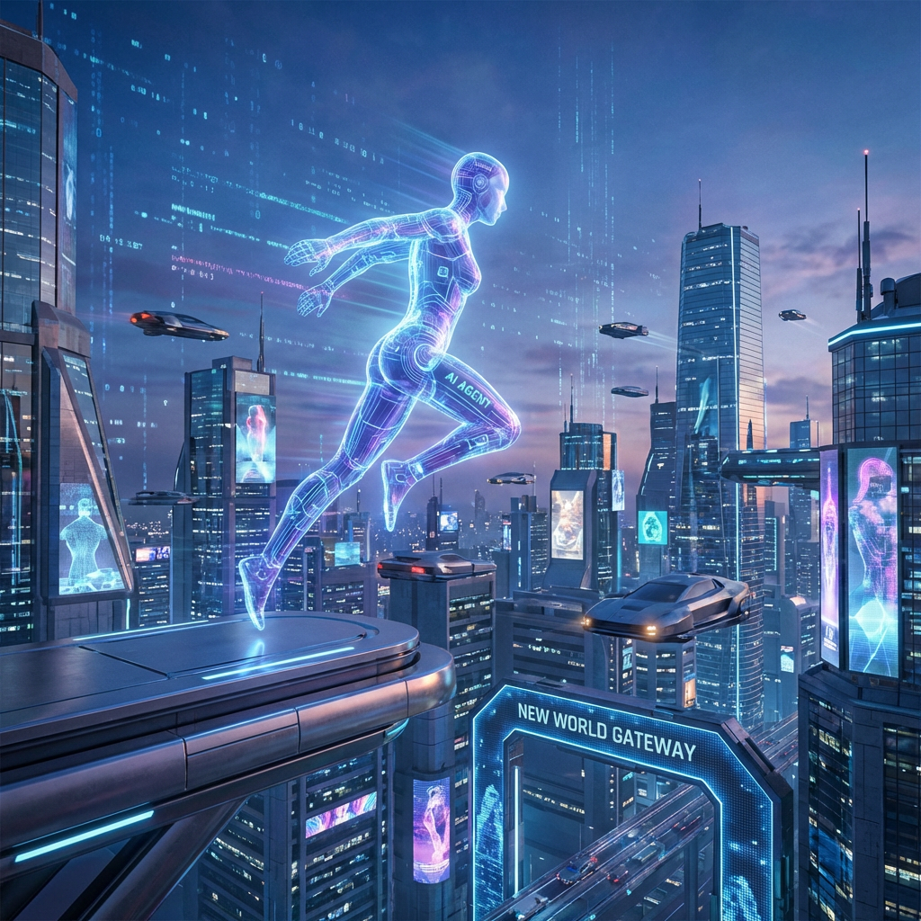 Holographic woman labeled AI AGENT leaps through futuristic city with text NEW WORLD GATEWAY.