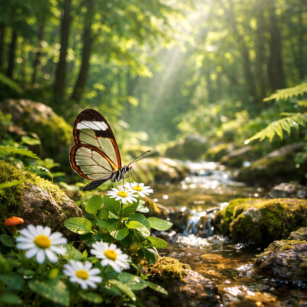 Transparent-winged butterfly perched on white daisy flower by mossy rocks and flowing forest stream