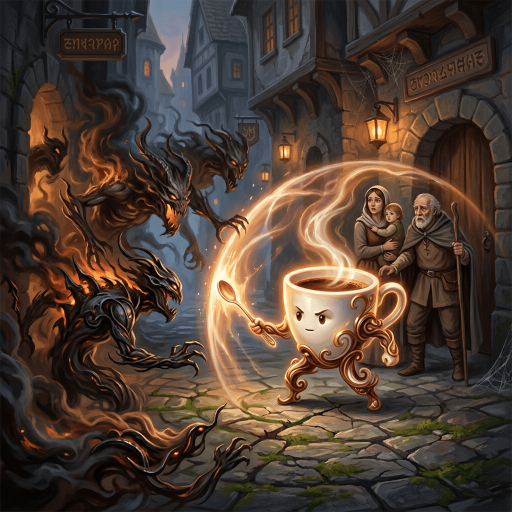 Animated coffee cup with a spoon glowing magical shield against dark fiery monsters
