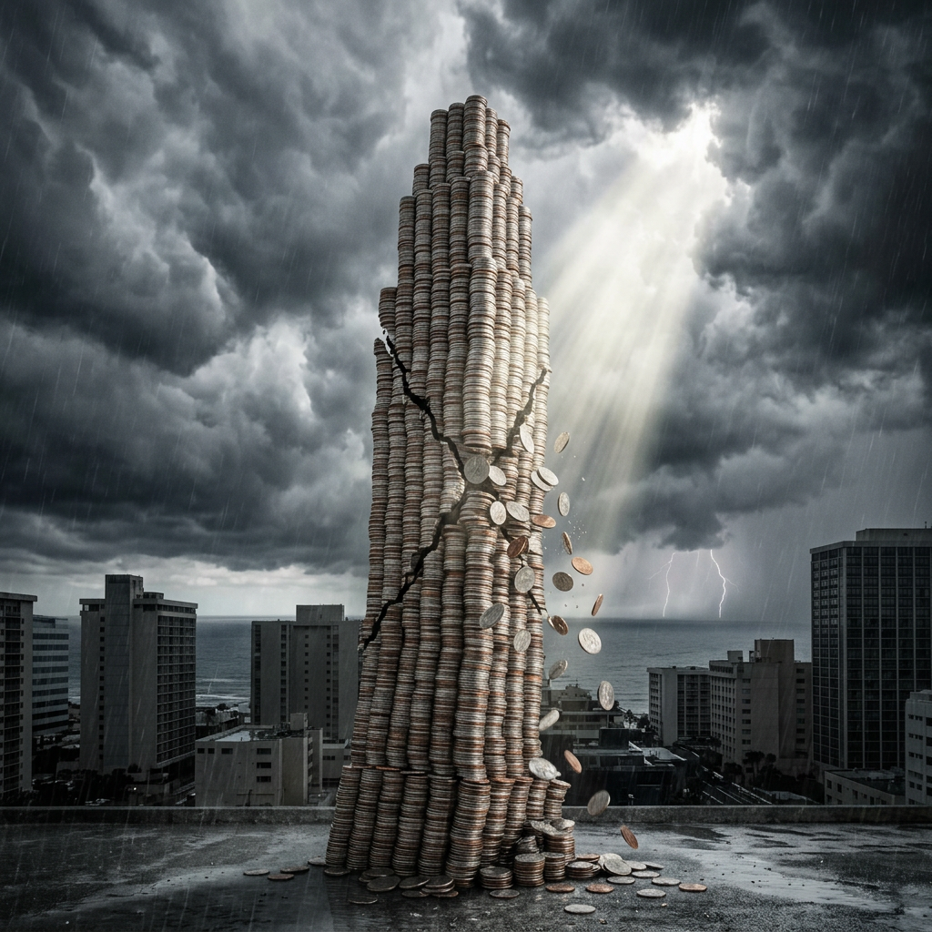 Cracked coin tower amidst stormy cityscape