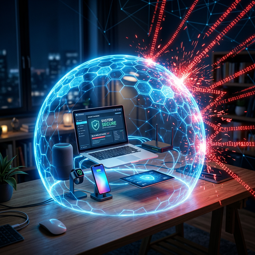Home office devices protected by a glowing digital shield blocking cyber attacks