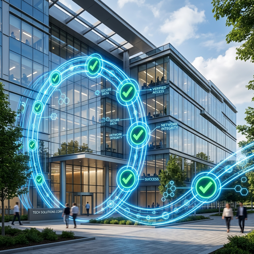 Modern office building with digital graphic illustrating secure data, verified access, and network integrity