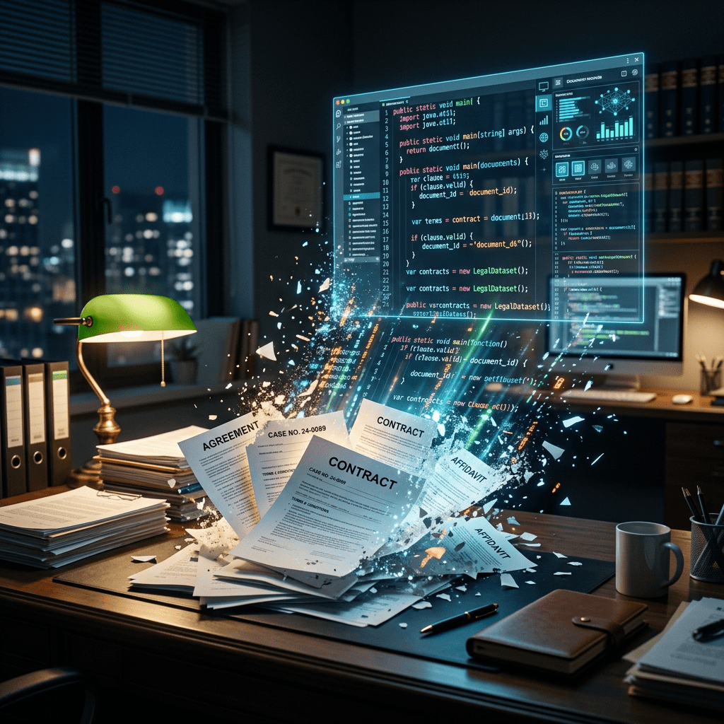 Physical legal documents dissolving into digital code and holographic interface on an office desk