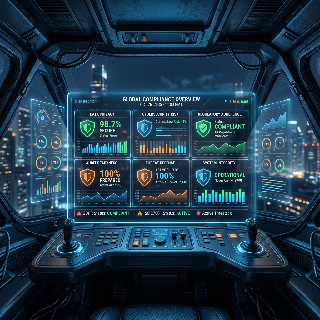 Futuristic cockpit with holographic compliance and cybersecurity monitoring dashboard
