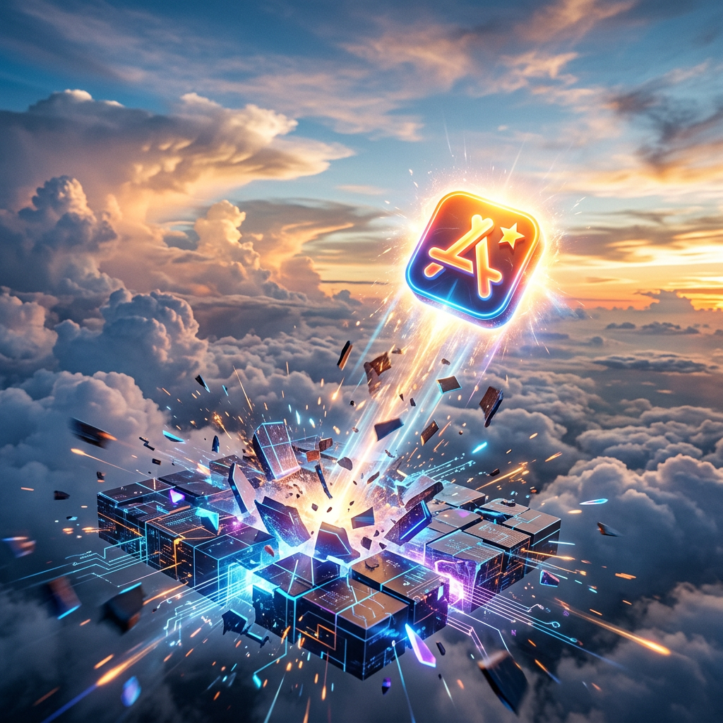 A glowing app icon launching from a futuristic digital cube platform with sparks and fragments