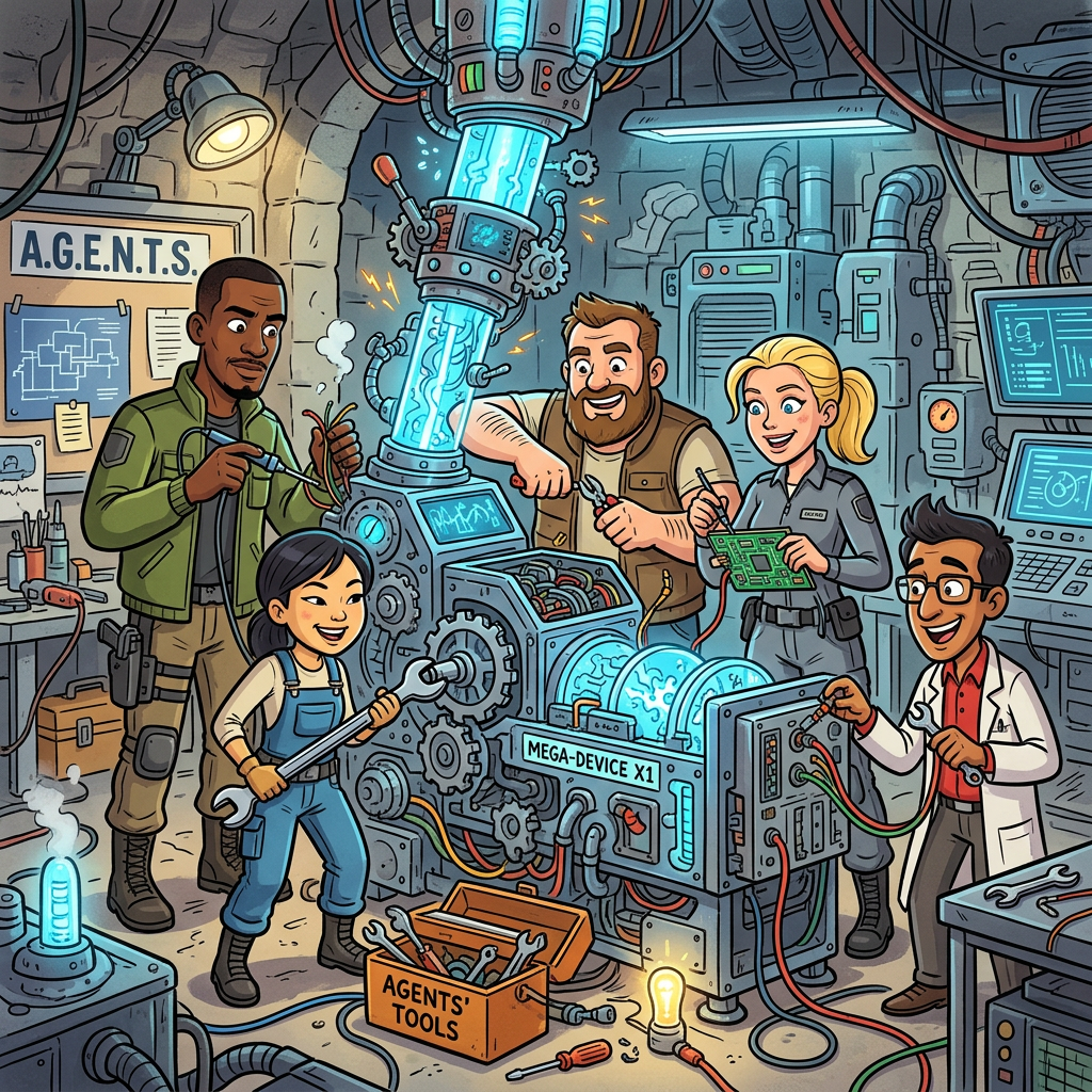 Five agents collaboratively repairing a complex machine labeled Mega-Device X1 in a futuristic lab filled with tools and monitors.