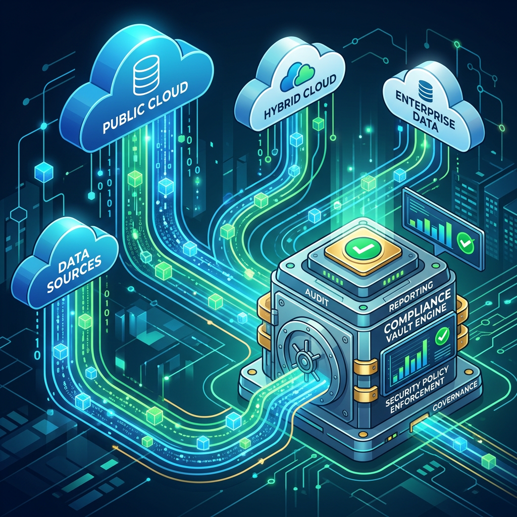 Secure data streams from public, hybrid, enterprise cloud, and data sources into a compliance vault engine