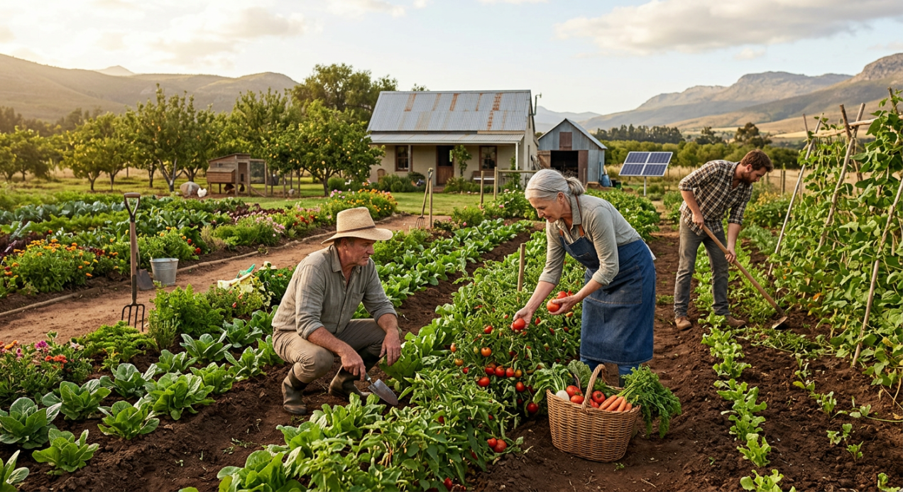 Three people harvesting tomatoes and tending vegetable plants in a farm garden